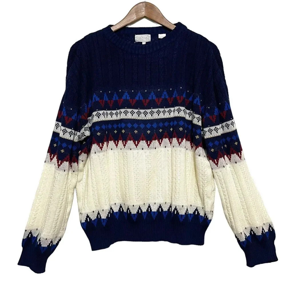 Vintage Rob Winter Fair Isle Cable Knit Nordic Ski Lodge‎ Sweater Size Large